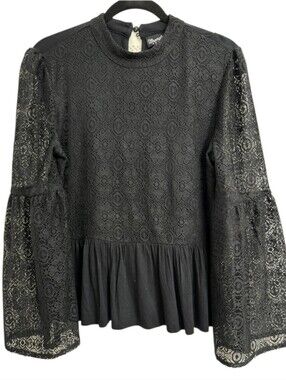 Wrangler Retro Black Lace Peplum Top Mock Neck Bell Sleeve M